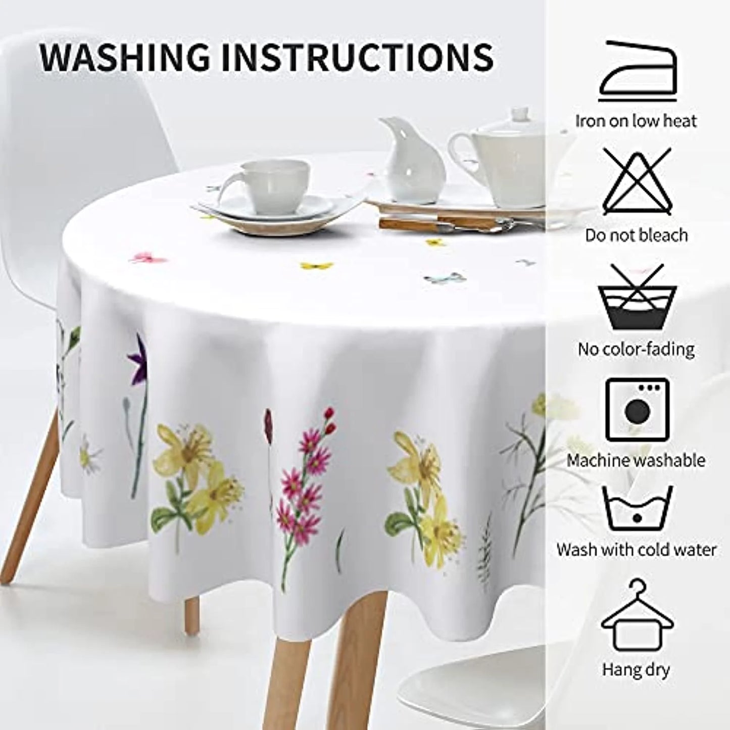 Wnoesat Round Floral Tablecloth  Butterfly Round Tablecloth 60 Inch Watercolor Floral Table Cloth Waterproof Tablecloths for Round Tables Polyester Round Table Cover Protector for Dining Room Indoor Outdoor