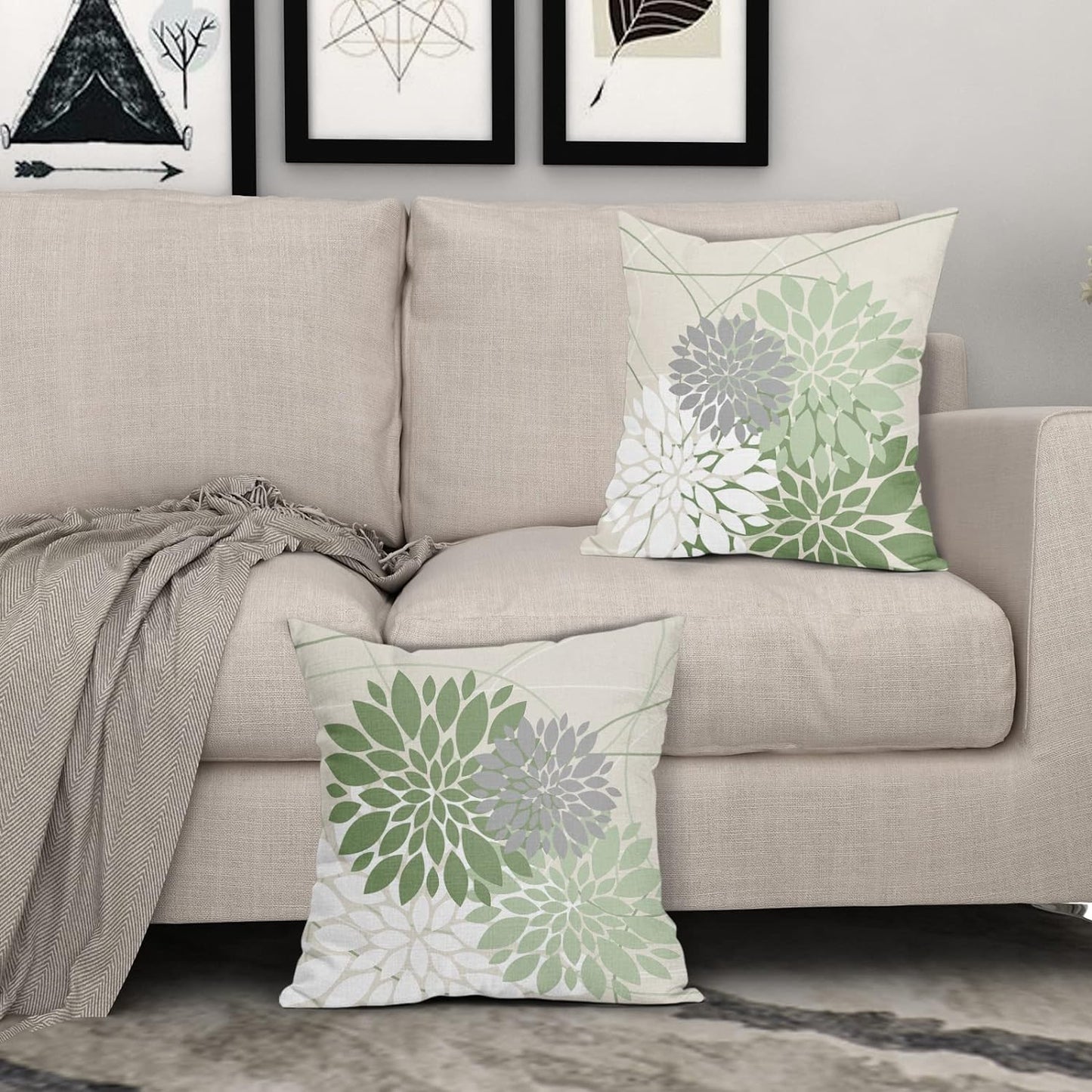 Lovvewhome Sage Green Dahlia Pillow Covers 18X18 Inch Spring Geometric Floral Elegant Line Modern Flower Pillow Case Farmhouse Outdoor Decor for Home Bedroom Living Room Linen Square Cushion Cover, Set of 2