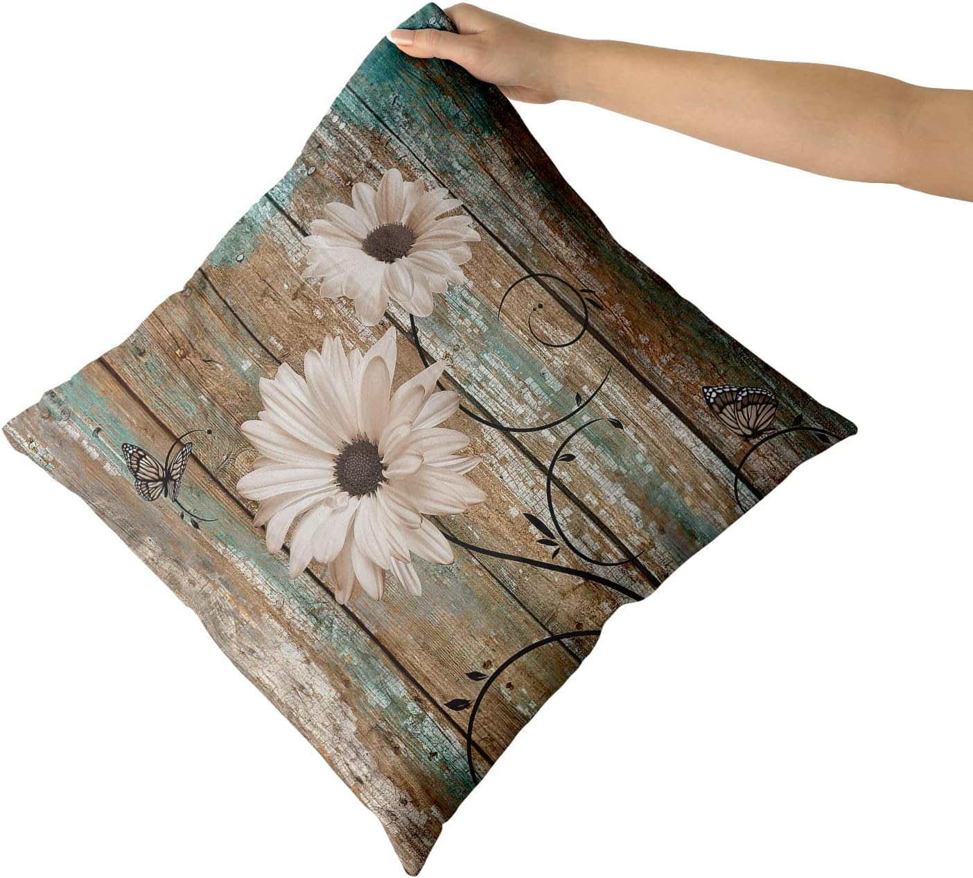 SpaceJaw 16"x16" Rustic Daisy Throw Pillow Covers, Vintage Sunflowers Wood Board Square Pillowcases, Country Farmhouse Style Floral Decorative Cushion Cover for Sofa Couch Bedding Car, Set of 2