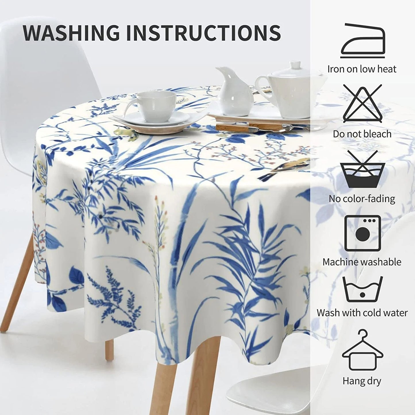 Uzotxy Blue Floral Tablecloth 60 Inch Round Wrinkle Free Flower Tablecloth Suitable for Kitchen Decorantion / Indoor and Outdoor Dining Table / Party / Picnic