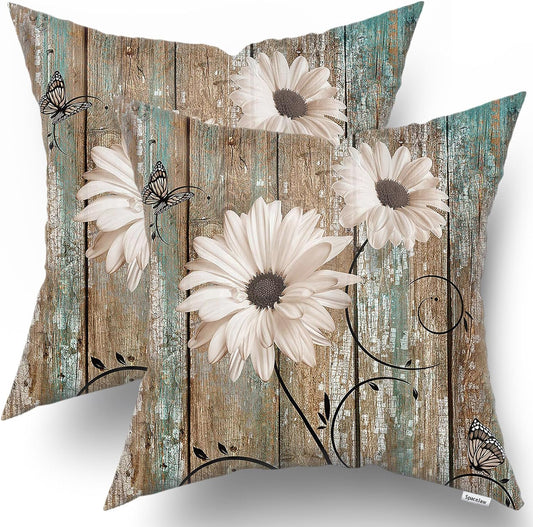 SpaceJaw 16"x16" Rustic Daisy Throw Pillow Covers, Vintage Sunflowers Wood Board Square Pillowcases, Country Farmhouse Style Floral Decorative Cushion Cover for Sofa Couch Bedding Car, Set of 2
