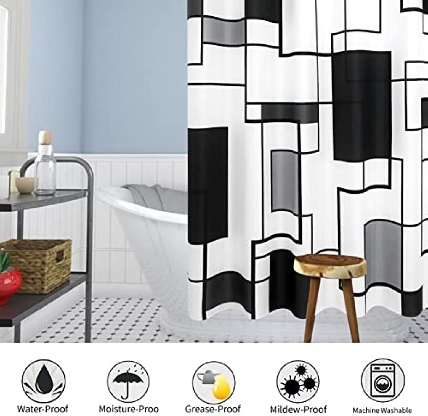 Black and White Shower Curtain Black Shower Curtain for Bathroom Grey and White Bathromm Shower Curtain Set Water Repellent and Washable Bath Curtain with Modern Style for Hotels Bathtubs 72x72