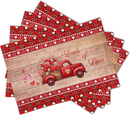 Cozywisper Valentines Day Linen Placemats Set of 4 12x18 Inch Red Lovve Heart Roses Truck Holiday Table Mat Heat-Resistant Washable Wipeable Place Mat for Party Kitchen Dining Home Decor
