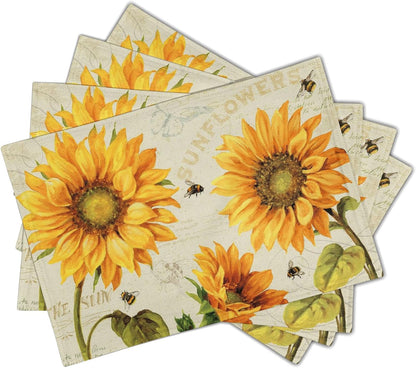 Lovvewhome Yellow Sunflower Placemats Set of 4 Heat Resistant Machine Washable Linen Fabric Place Mat Natural Plant Sun Flower and Bee Placemats for Dining Table Farmhouse Kitchen Decoration