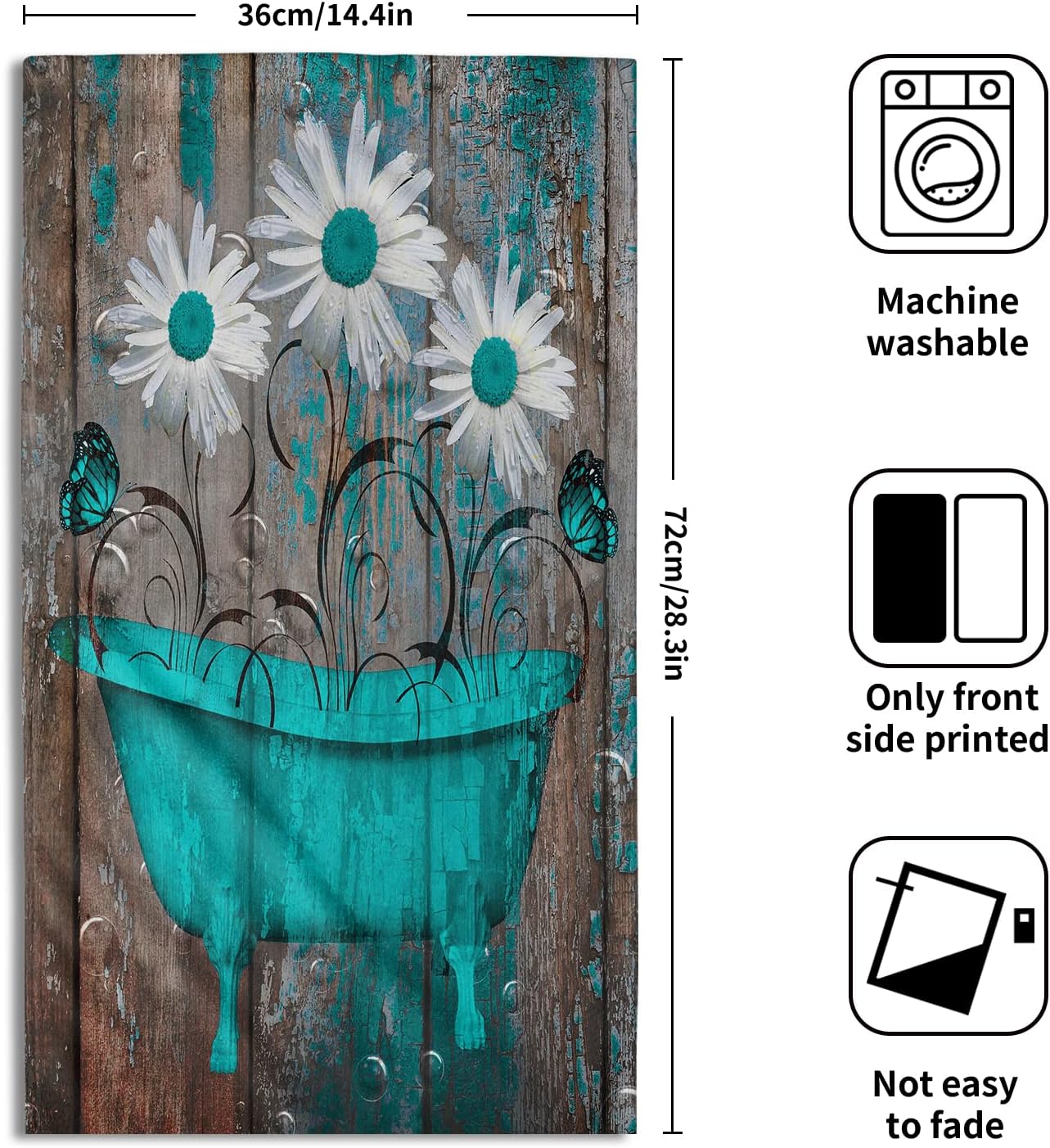 Homedevot Retro Barn Teal Green Brown Floral Hand Towels White Daisy Turquoise Butterfly Fingertip Towel Set Rustic Wooden Kitchen Decor Dish Towels for Bathroom, Hotel, Gym,Spa