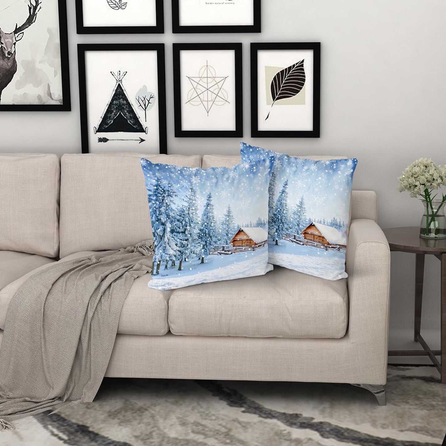 Knicewhome Blue White Winter Pillow Covers 18x18 Inch Set of 2 Christmas Trees Silver Snow Decorative Throw Pillows Winter Snow Cotton Square Cushion Case for Bedroom Living Room Home Sofa Couch Outdoor