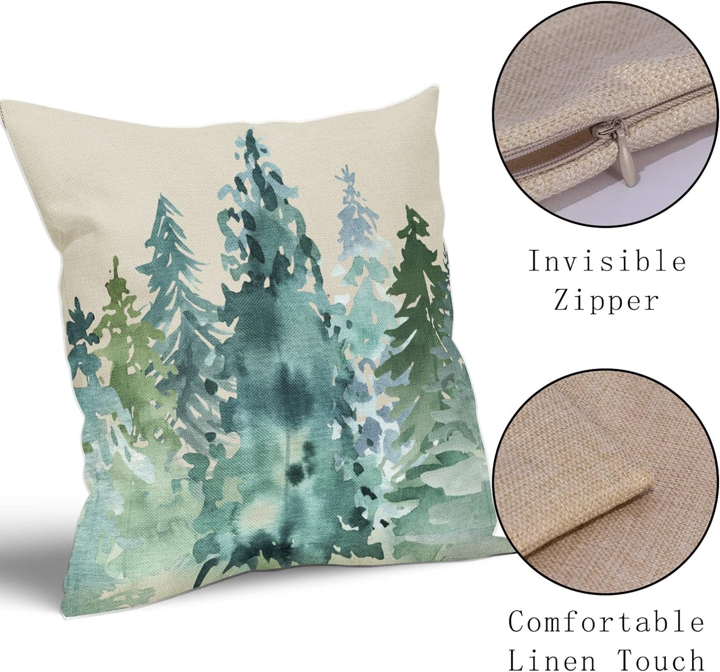 Homedevot Watercolor Blue Green Tree Pillow Covers 18x18 Set of 2 Rustic Style Nature Forest Print Decorative Throw Pillows Winter Christmas Square Linen Cushion Case for Home Sofa Couch Bed Outdoor