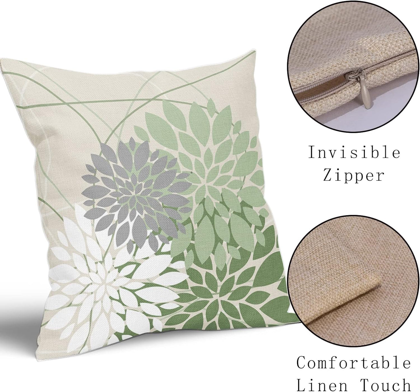 Lovvewhome Sage Green Dahlia Pillow Covers 18X18 Inch Spring Geometric Floral Elegant Line Modern Flower Pillow Case Farmhouse Outdoor Decor for Home Bedroom Living Room Linen Square Cushion Cover, Set of 2