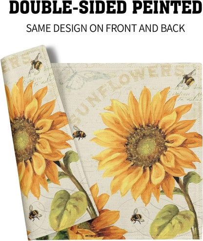 Lovvewhome Yellow Sunflower Placemats Set of 4 Heat Resistant Machine Washable Linen Fabric Place Mat Natural Plant Sun Flower and Bee Placemats for Dining Table Farmhouse Kitchen Decoration