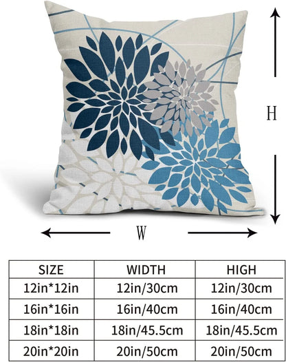 Wavverom Blue Pillow Covers 18x18 Inch Dahlia Flower Dark and Light Blue Colored Pillow Case Farmhouse Outdoor Decor for Home Bedroom Living Room Summer Floral Linen Square Cushion Cover  Set of 2