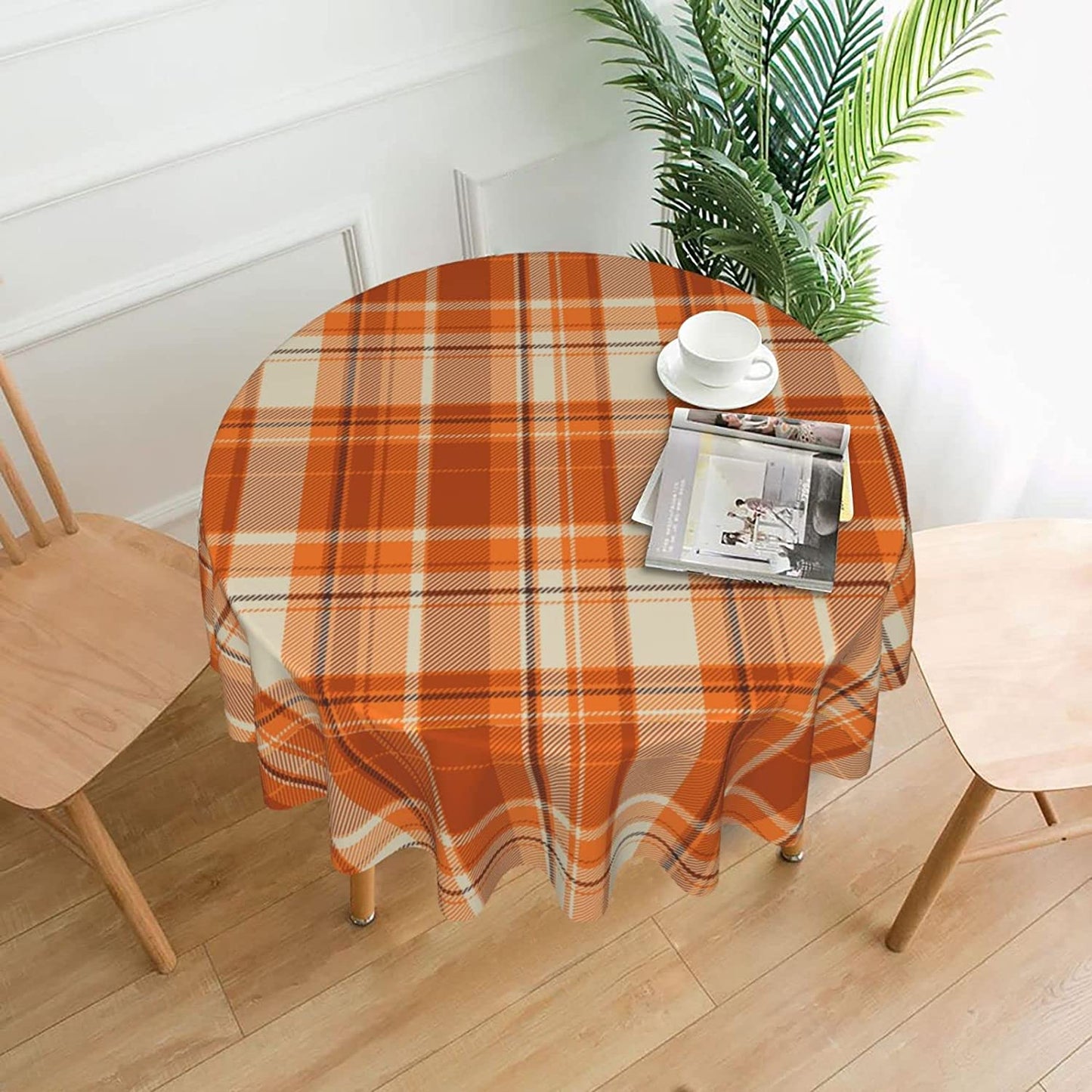 Aytipun Autumn Fall Orange Round Tablecloth 60 Inch Thanksgiving Buffalo Check Plaid Table Clothes Rustic Farmhouse Reusable Circle Table Cover for Picnic Party Home Dining Room Decor
