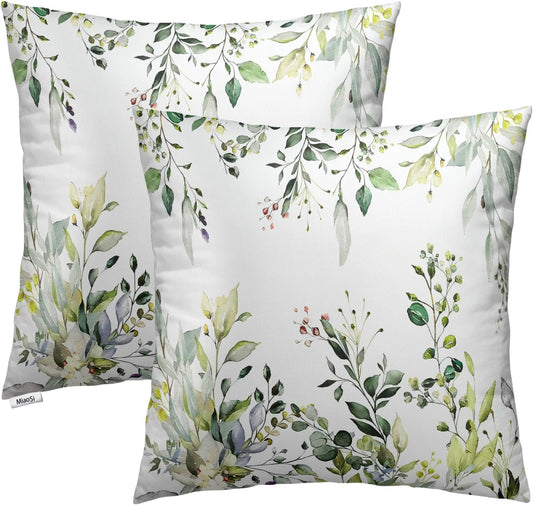 MiaoSi Green Eucalyptus Throw Pillow Covers 18X18 Inch Set of 2 Sage Leaves Decorative Square Cushion Pillowscase for Bedroom Home Sofa Couch