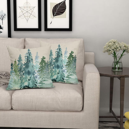 Homedevot Watercolor Blue Green Tree Pillow Covers 18x18 Set of 2 Rustic Style Nature Forest Print Decorative Throw Pillows Winter Christmas Square Linen Cushion Case for Home Sofa Couch Bed Outdoor