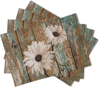 Evlaschin Rustic Daisy Board Placemats- White Sunflowers on Vintage Wood Plank Linen Table Place Mat- Farmhouse Wooden Non-Slip Heat Resistant Table Mats for Dining Kitchen Cabin Lodge Decor