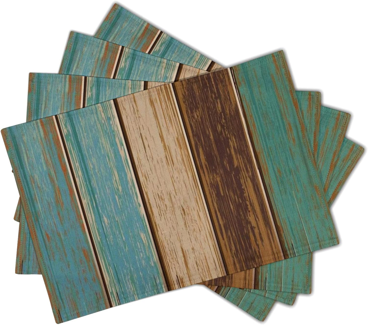Stitchkozy Vintage Wood Placemats Rustic Teal Brown Vertical Striped Wooden Table Mat Set of 4 Farmhouse Lodge Grain Heat Resistant Linen Place Mats for Dining Kitchen Party Decor 12x18Inch
