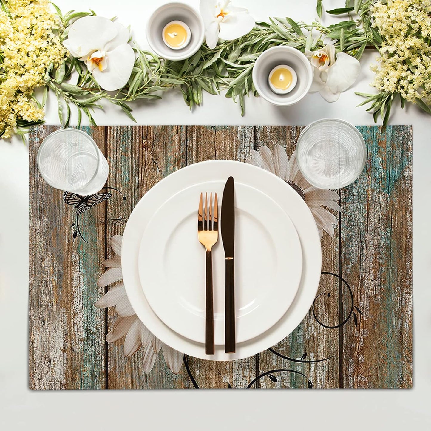 Lvhompro Rustic Daisy Board Placemats- White Sunflowers on Vintage Wood Plank Linen Table Place Mat- Farmhouse Wooden Non-Slip Heat Resistant Table Mats for Dining Kitchen Cabin Lodge Decor