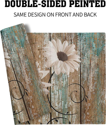 Lvhompro Rustic Daisy Board Placemats- White Sunflowers on Vintage Wood Plank Linen Table Place Mat- Farmhouse Wooden Non-Slip Heat Resistant Table Mats for Dining Kitchen Cabin Lodge Decor