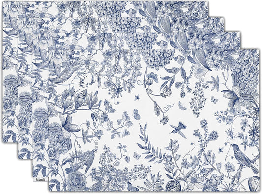 MiaoSi Blue White Hydrangea Floral Placemats for Dining Table Bird Flower Branches Decorative Heat-Resistant Washable Linen Vintage Farmhouse Table Mats 12x18 Inch for Home Kitchen Indoor Outdoor Set of 4