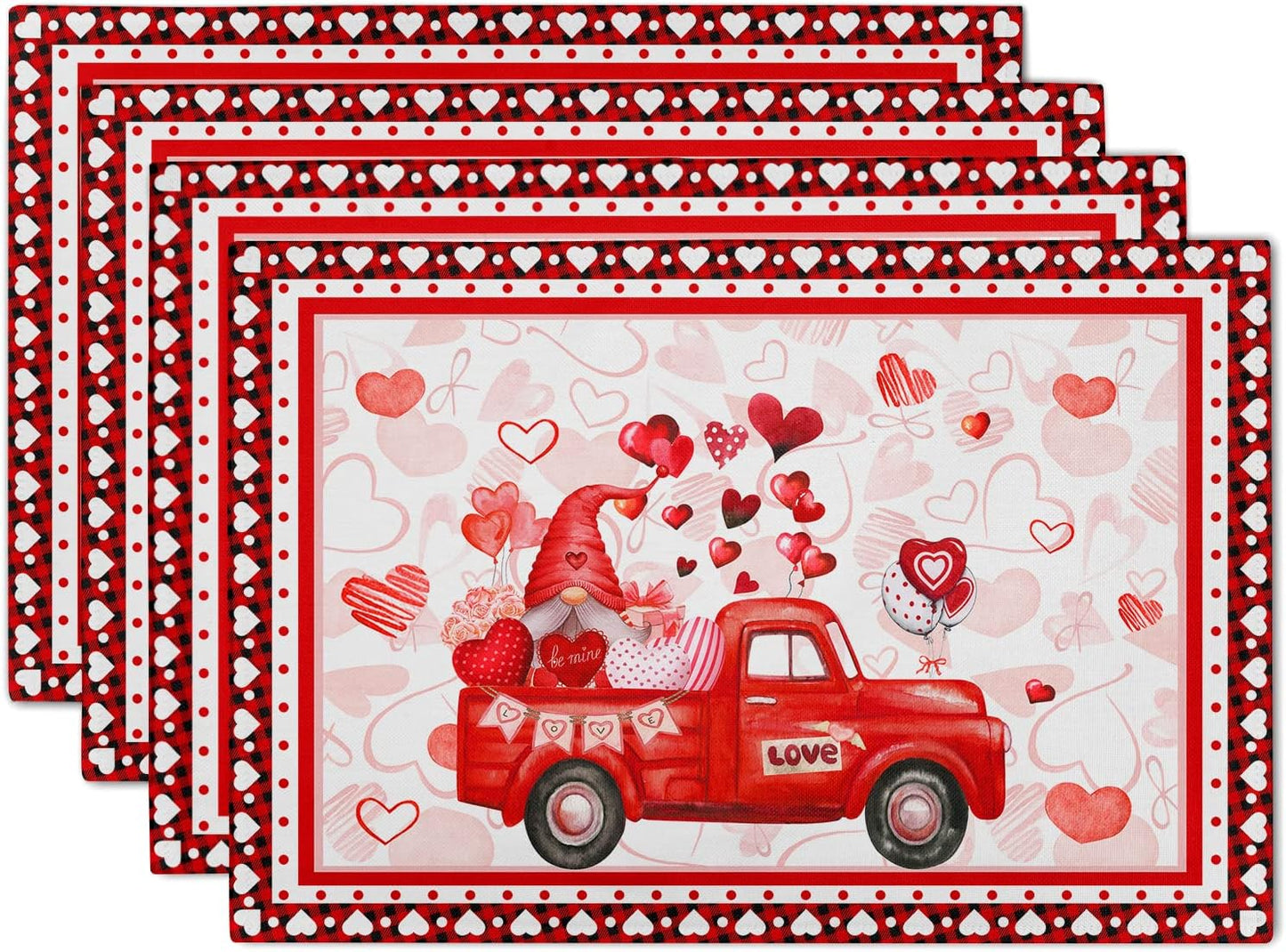 Kcozydecor Red Plaid Truck Love Heart Placemats Valentines Day Placemats Set of 4 Cute Gnome Place Mats for Kitchen Dining Party Table Home Decoration Size 18x12 inch