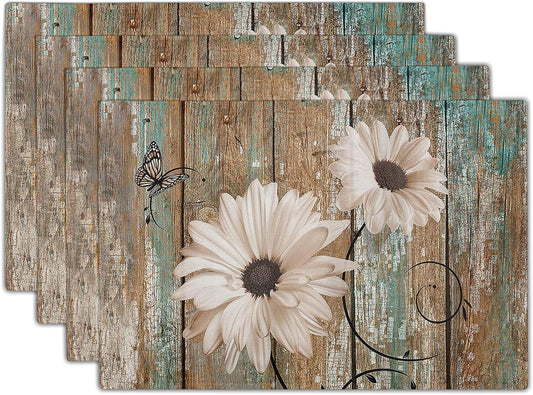 Evlaschin Rustic Daisy Board Placemats- White Sunflowers on Vintage Wood Plank Linen Table Place Mat- Farmhouse Wooden Non-Slip Heat Resistant Table Mats for Dining Kitchen Cabin Lodge Decor