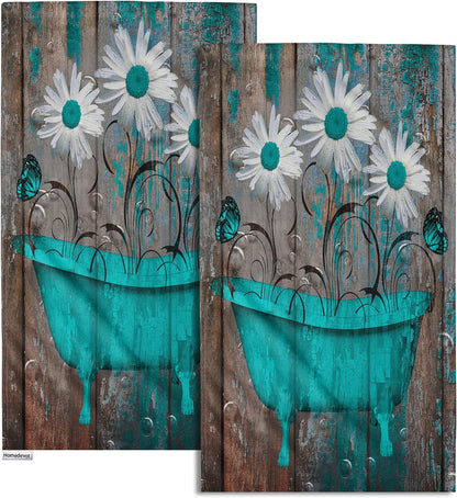 Homedevot Retro Barn Teal Green Brown Floral Hand Towels White Daisy Turquoise Butterfly Fingertip Towel Set Rustic Wooden Kitchen Decor Dish Towels for Bathroom, Hotel, Gym,Spa