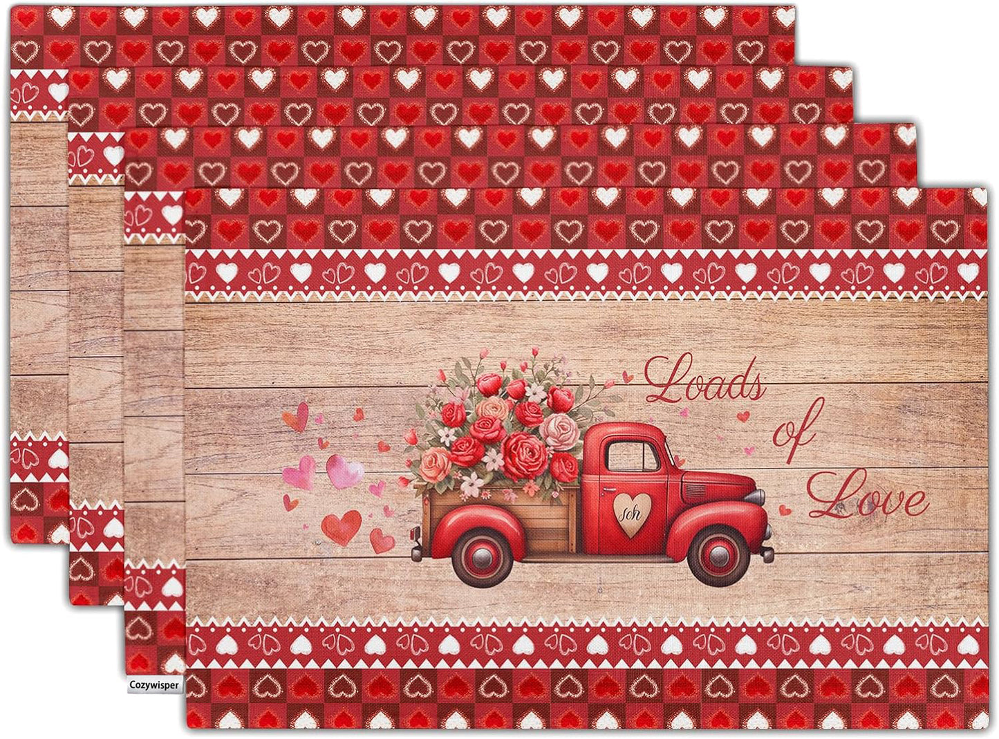 Cozywisper Valentines Day Linen Placemats Set of 4 12x18 Inch Red Lovve Heart Roses Truck Holiday Table Mat Heat-Resistant Washable Wipeable Place Mat for Party Kitchen Dining Home Decor