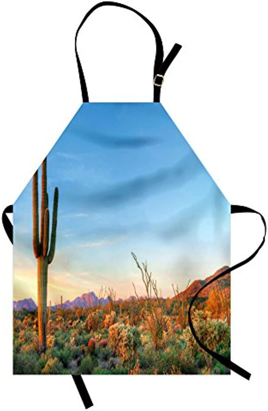 Granbey Saguaro Apron  Sun Goes down in Desert Prickly Pear Cactus Southwest Texas National Park  Unisex Kitchen Bib with Adjustable Neck for Cooking Gardening  Adult Size  Orange Green