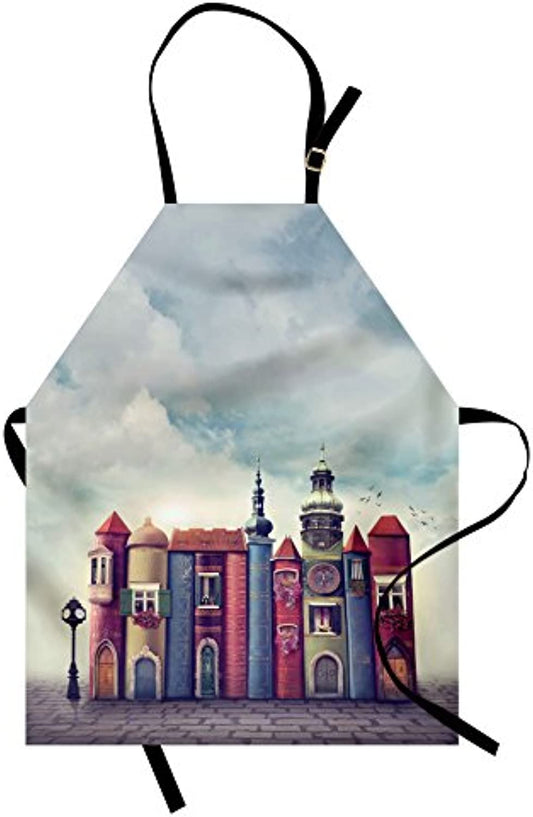 Granbey Fantasy Apron  City with Old Books Style Buildings Birds and Cloudy Sky Literature Cityscape  Unisex Kitchen Bib with Adjustable Neck for Cooking Gardening  Adult Size  Red Blue