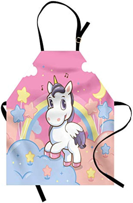 Granbey Feminine Apron  Unicorn Rainbow and Music Notes Clouds in the Sky Art Print  Unisex Kitchen Bib with Adjustable Neck for Cooking Gardening  Adult Size  Pink Yellow