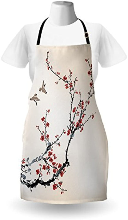 Granbey Nature Apron  Flowers Buds and Birds with Cherry Branches Style Art Painting Effect  Unisex Kitchen Bib with Adjustable Neck for Cooking Gardening  Adult Size  Maroon Black