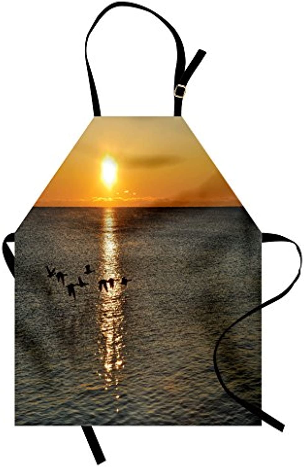 Granbey Birds Apron  Silhouettes of Canadian Geese Flying over a Lake at Sunrise Romantic Scenery  Unisex Kitchen Bib with Adjustable Neck for Cooking Gardening  Adult Size  Orange Grey