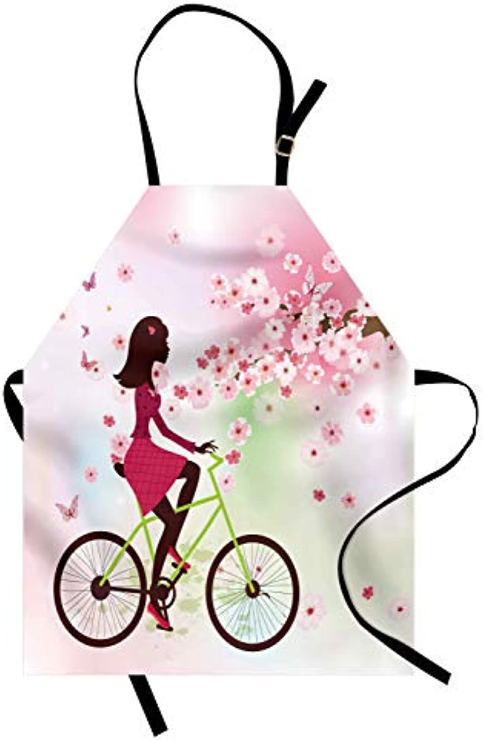 Granbey Feminine Apron  Girl on Bike Passing by Cherry Trees Blooms Spring Nature Seasonal Illustration  Unisex Kitchen Bib with Adjustable Neck for Cooking Gardening  Adult Size  Green Pink