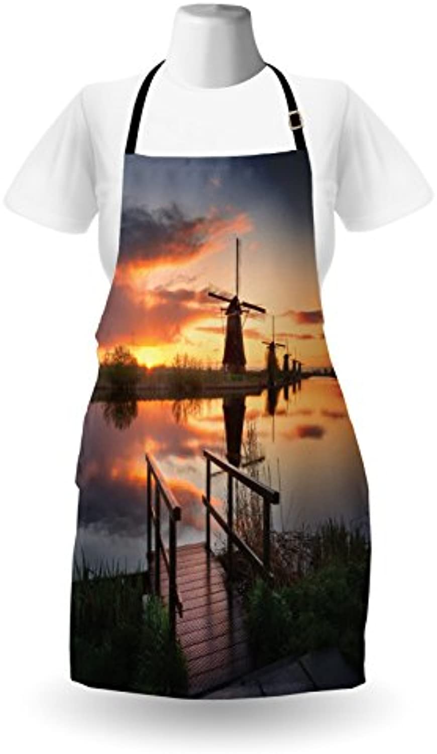 Granbey Nature Apron  Landscape with Traditional Famous Dutch Windmills on Background near Canal Photo  Unisex Kitchen Bib with Adjustable Neck for Cooking Gardening  Adult Size  Orange Blue