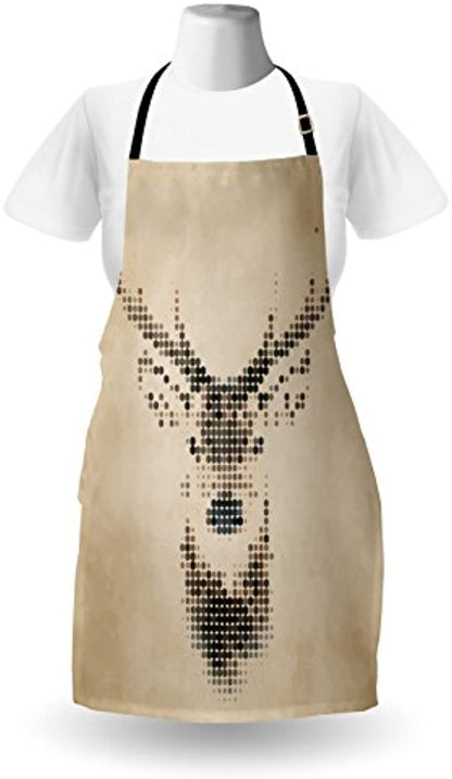 Granbey Deer Apron  Retro Style Animal Portrait Digital Dots and Geometric Circle Vintage Graphic  Unisex Kitchen Bib with Adjustable Neck for Cooking Gardening  Adult Size  Cream Brown