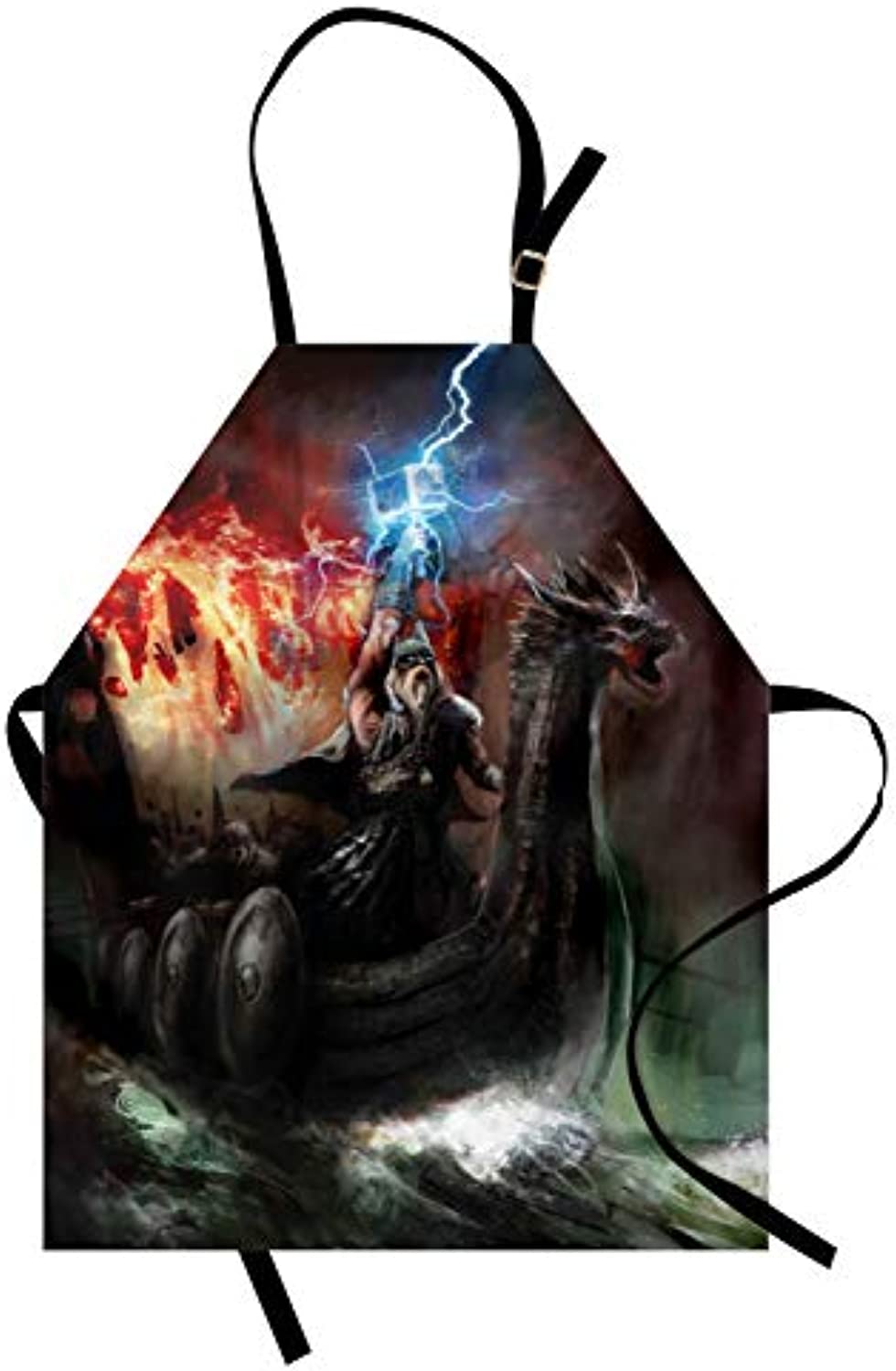 Granbey Dragon Apron  Imaginary Wrath of Vikings Royal Boat Animal Head Storm Rays  Unisex Kitchen Bib with Adjustable Neck for Cooking Gardening  Adult Size  Charcoal Red