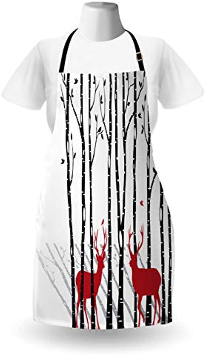 Granbey Antlers Apron  Deer Tree Forest Holiday Theme Flying Leaves Branch Reindeer Winter Print  Unisex Kitchen Bib with Adjustable Neck for Cooking Gardening  Adult Size  White Red