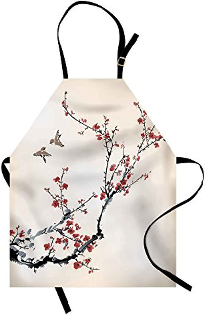 Granbey Nature Apron  Flowers Buds and Birds with Cherry Branches Style Art Painting Effect  Unisex Kitchen Bib with Adjustable Neck for Cooking Gardening  Adult Size  Maroon Black