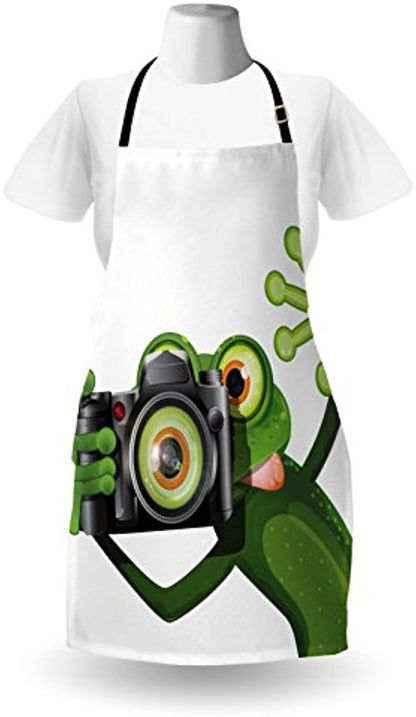 Granbey Animal Apron  Photographer Merry Frog Taking a Picture His Camera Funny Animal Pattern  Unisex Kitchen Bib with Adjustable Neck for Cooking Gardening  Adult Size  Green Black