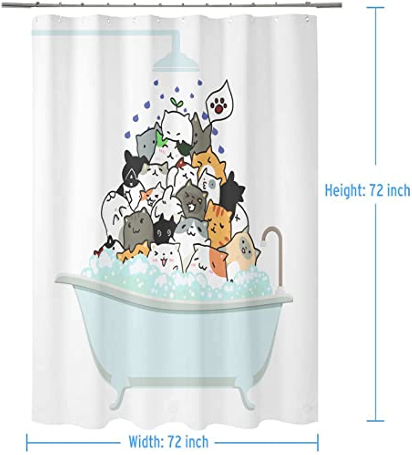 Cute Funny Cats Shower Curtain Kwaii Pets Colorful Hilarious Bath Curtain Cartoon Cat Paw Blue Tub Waterproof Fabric Polyester Curtain for Bathroom  with 12 Hooks  72x72