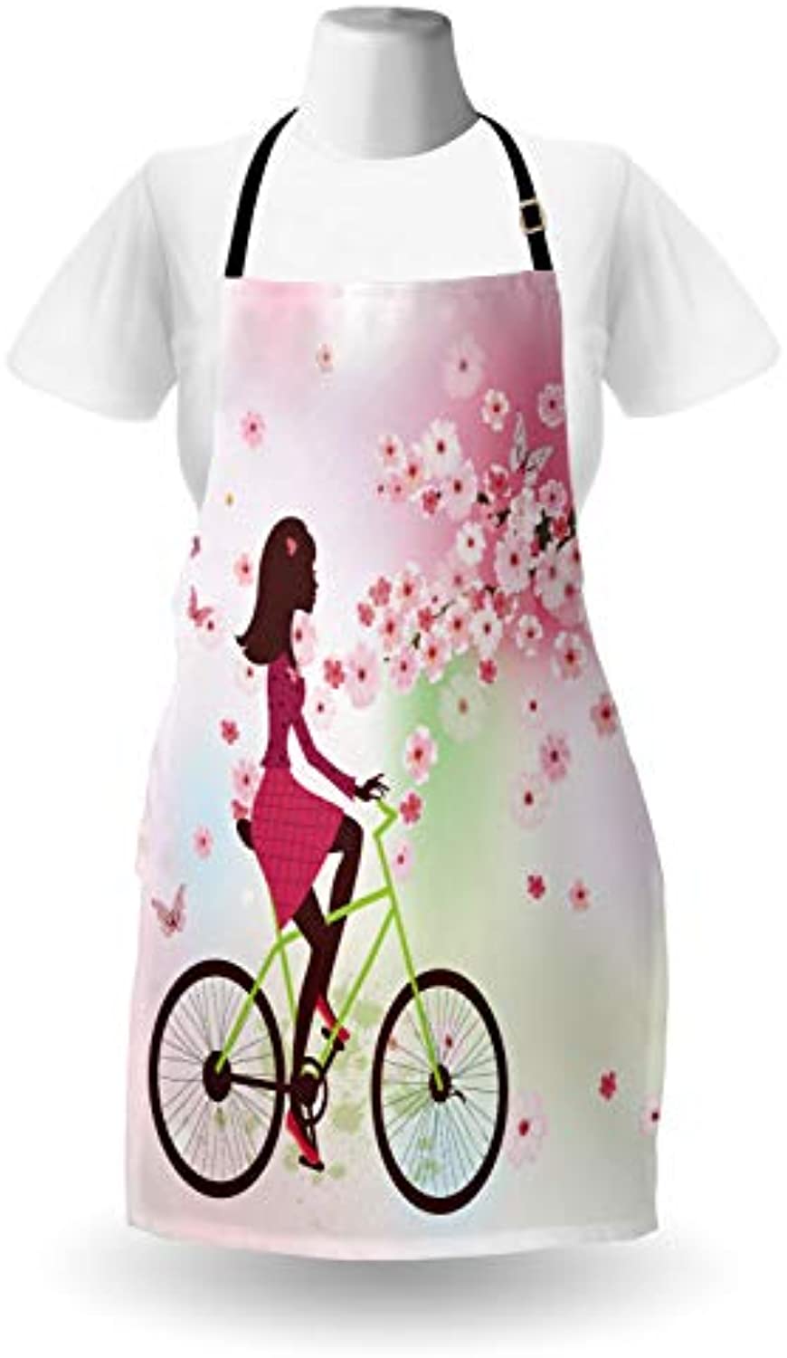 Granbey Feminine Apron  Girl on Bike Passing by Cherry Trees Blooms Spring Nature Seasonal Illustration  Unisex Kitchen Bib with Adjustable Neck for Cooking Gardening  Adult Size  Green Pink