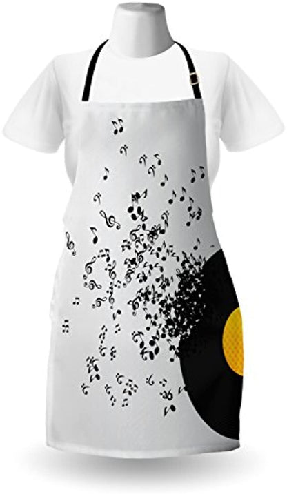Granbey Music Apron  Flying Music Notes Abstract Design Disc Album Dancing Nightclub Print  Unisex Kitchen Bib with Adjustable Neck for Cooking Gardening  Adult Size  Ivory Black
