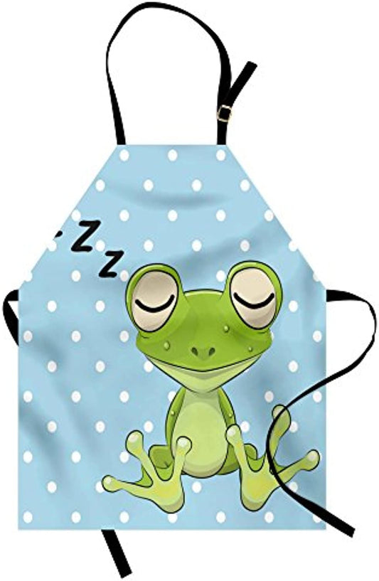 Granbey Cartoon Apron  Sleeping Prince Frog in a Cap Polka Dots Background Animal World Design  Unisex Kitchen Bib with Adjustable Neck for Cooking Gardening  Adult Size  Green Aqua