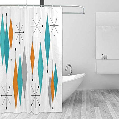 DZGlobal Mid Century Modern Shower Curtain Geometric Turquoise Orange Diamond Bathroom Curtain Sets 72in*72in 1950s Decor Polyester Fabric Curtain with 12 Shower Hooks
