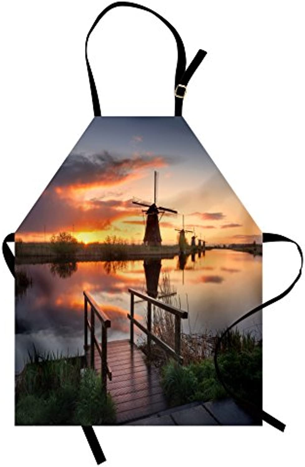 Granbey Nature Apron  Landscape with Traditional Famous Dutch Windmills on Background near Canal Photo  Unisex Kitchen Bib with Adjustable Neck for Cooking Gardening  Adult Size  Orange Blue