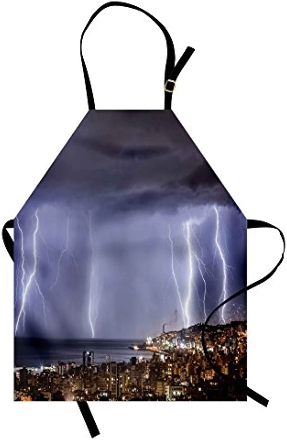Granbey Nature Apron  Majestic View on Coastal Town in Dark Stormy Night Giant Rain Cloud and Photo  Unisex Kitchen Bib with Adjustable Neck for Cooking Gardening  Adult Size  Ceil Blue