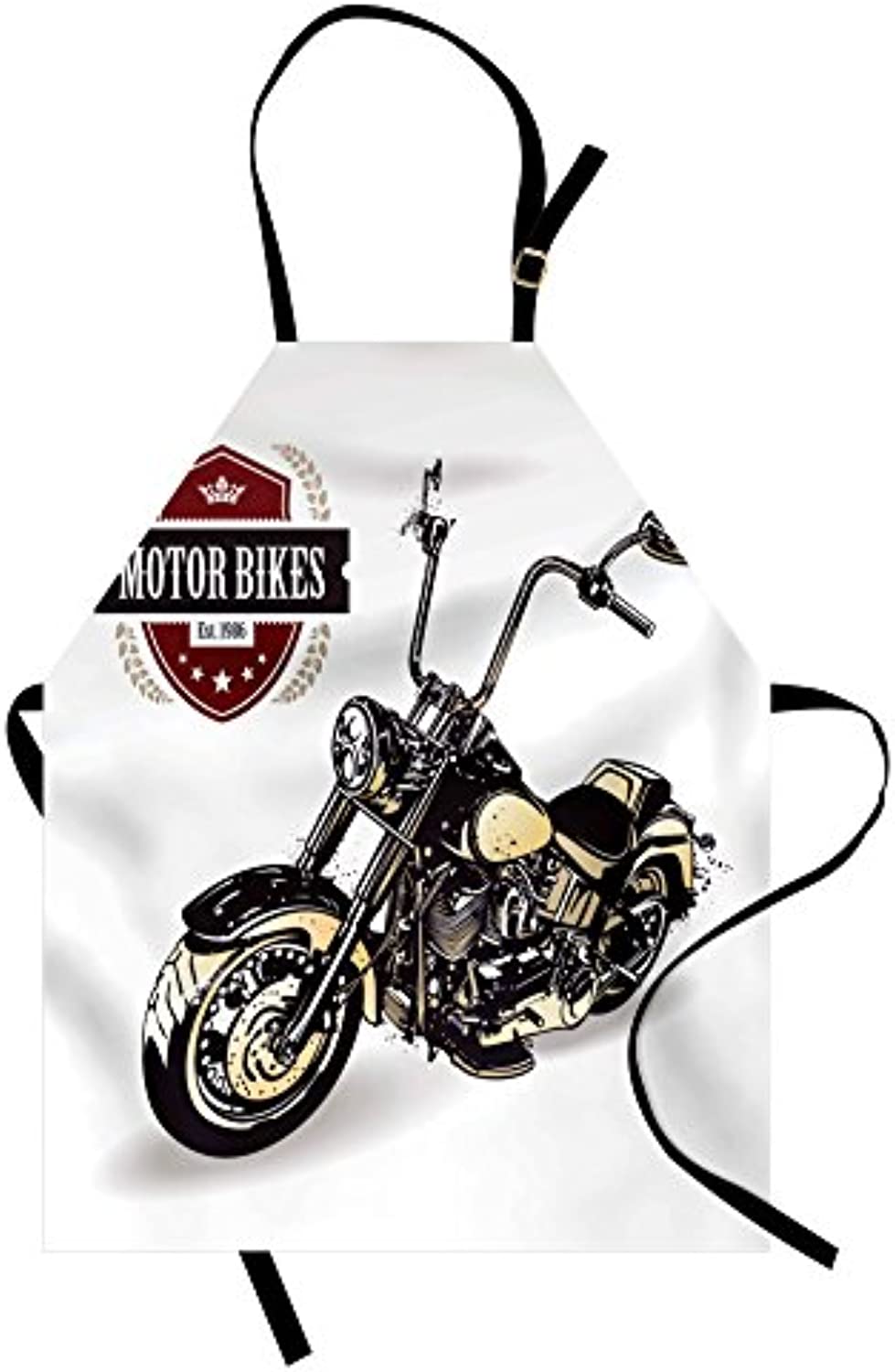 Granbey Motorcycle Apron  Chopper Customized Club Insignia Bikes Hippie Classic Retro Themed Print  Unisex Kitchen Bib with Adjustable Neck for Cooking Gardening  Adult Size  Black Beige
