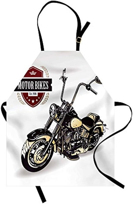 Granbey Motorcycle Apron  Chopper Customized Club Insignia Bikes Hippie Classic Retro Themed Print  Unisex Kitchen Bib with Adjustable Neck for Cooking Gardening  Adult Size  Black Beige