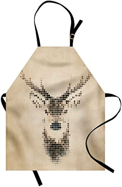 Granbey Deer Apron  Retro Style Animal Portrait Digital Dots and Geometric Circle Vintage Graphic  Unisex Kitchen Bib with Adjustable Neck for Cooking Gardening  Adult Size  Cream Brown
