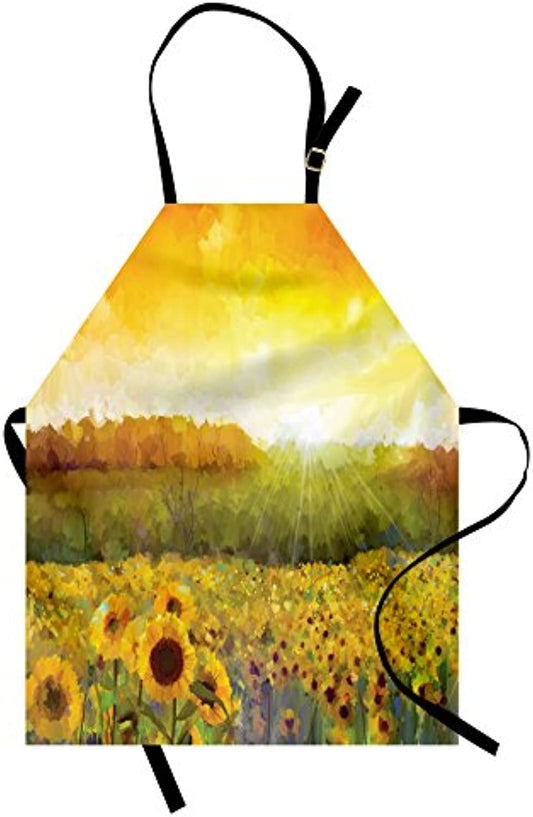 Granbey Sunflower Apron  Landscape a Golden Yellow Field and Distant Hill Sunset Colors Agriculture  Unisex Kitchen Bib with Adjustable Neck for Cooking Gardening  Adult Size  Orange Yellow