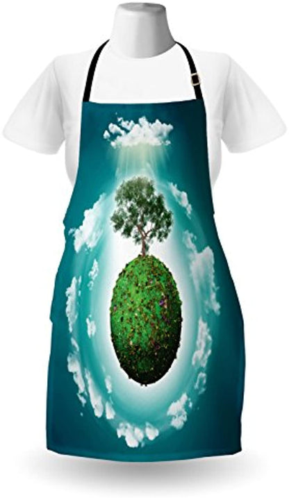 Granbey Tree of Life Apron  Grassy Globe World with Plant Clouds in Air Science Fiction Mother Earth  Unisex Kitchen Bib with Adjustable Neck for Cooking Gardening  Adult Size  Green White